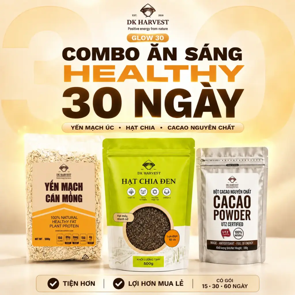 Combo Yến Mạch Cán Mỏng Úc + Hạt Chia + Bột Cacao DK Harvest — Glow, Bữa Sáng Healthy Đủ Lượng Mỗi Ngày, Làm Yến Mạch Qua Đêm Overnight Oats, Có CO/CQ