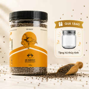 Hạt Chia DK Harvest kèm quà tặng hũ thủy tinh, phù hợp cho bữa sáng healthy, eat clean, sữa chua, yến mạch và pudding.