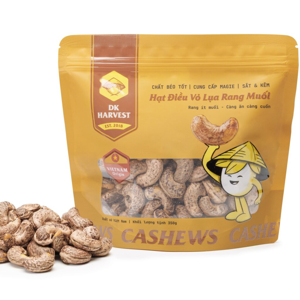 Túi 350g Hạt Điều Vỏ Lụa Size W180 – Rang Ít Muối DK Harvest – Hạt Điều Bình Phước Size Lớn Nhất- Sản Phẩm Mùa Tết